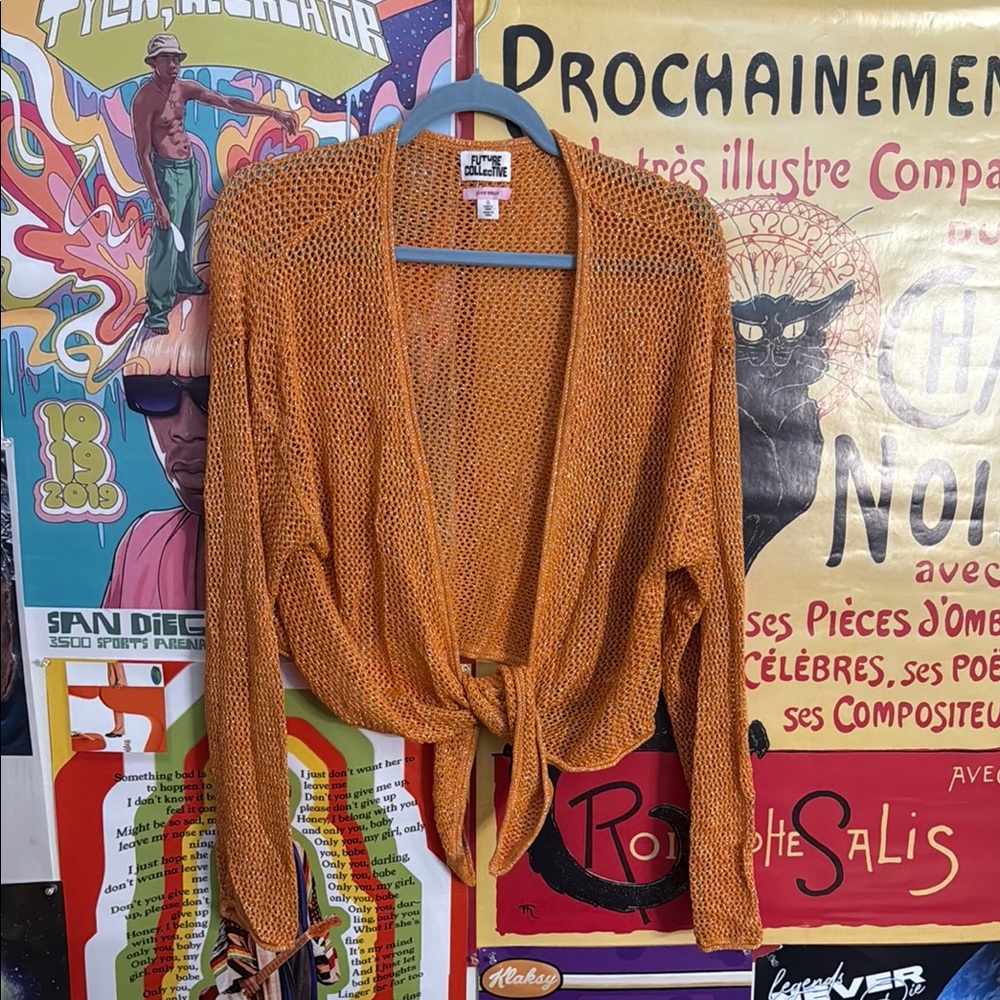 Orange Cardigan Sweater Lightweight Knit Open Front